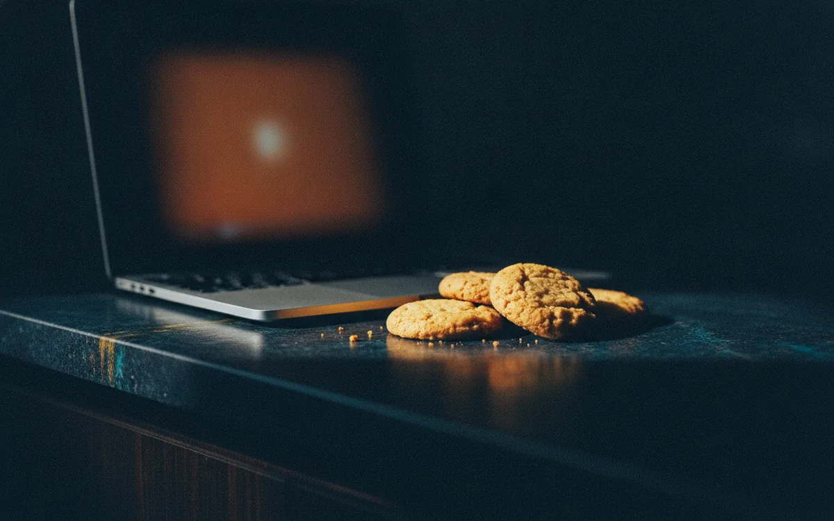 Ciasteczka na blacie obok laptopa w półmroku