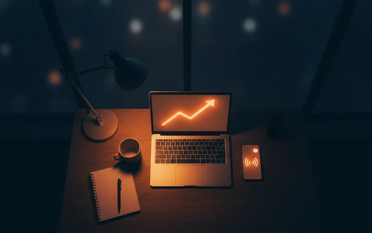 Nocne biurko z laptopem pokazującym rosnący wykres i telefonem z powiadomieniem