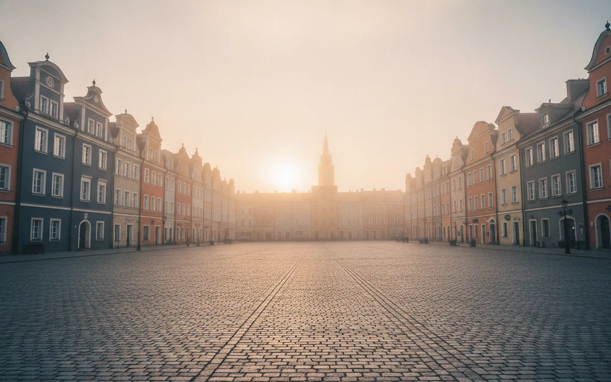 Pusty rynek małego miasta o poranku, jesienne światło na kamienicach