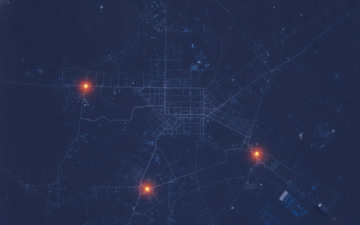 Mapa miasta z lotu ptaka o zmierzchu z trzema podświetlonymi punktami nad ulicami