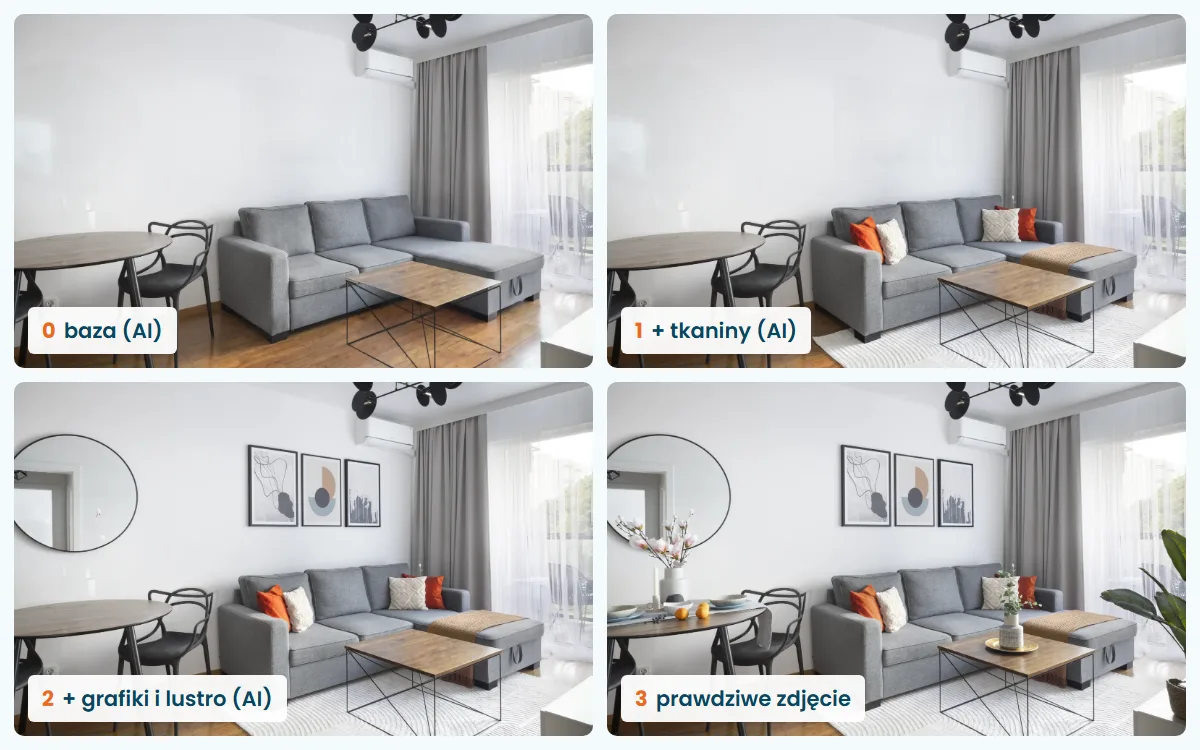 Cztery wersje tego samego salonu: pusty, z tkaninami, z grafikami i lustrem oraz prawdziwe zdjęcie po home stagingu