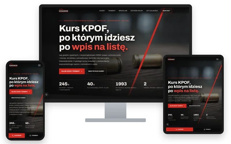 Strona internetowa dla Komandos Wrocław — szkoła pracowników ochrony, oddziały Wrocław i Ostrów Wielkopolski
