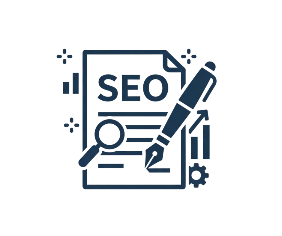 Ikona z dokumentem, lupą i piórem, symbolizująca tworzenie tekstów SEO