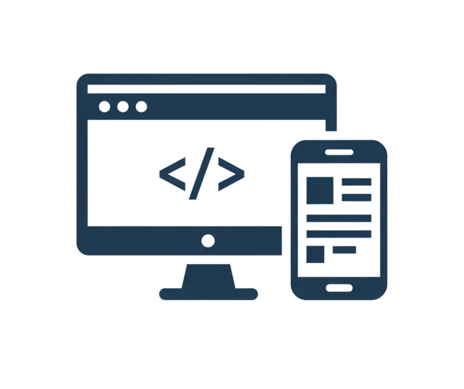 Ikona komputera i smartfona z kodem programistycznym, symbolizująca projektowanie stron internetowych
