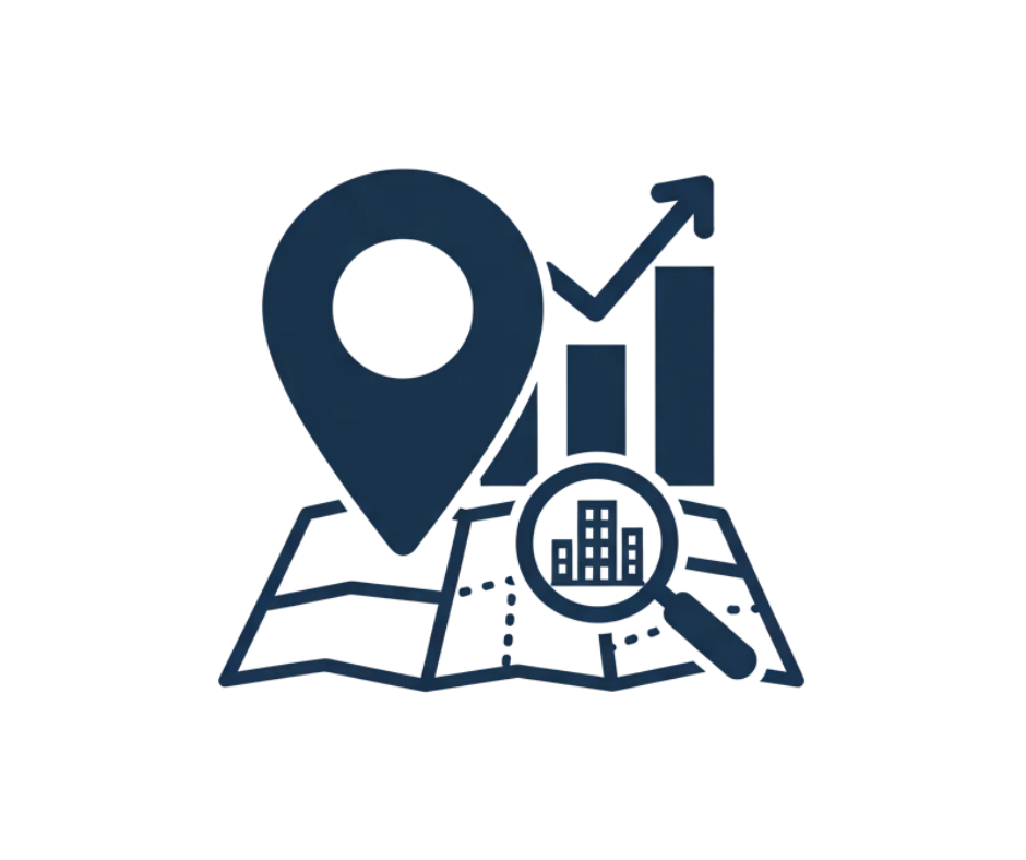 Ikona mapy, pineski lokalizacyjnej i wykresu, symbolizująca pozycjonowanie lokalne i SEO