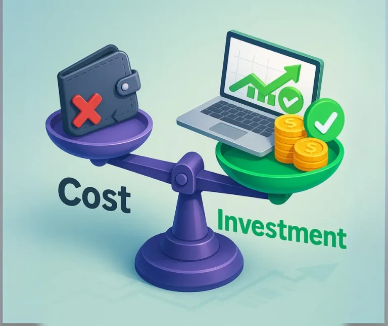Izometryczna grafika w 3D przedstawiająca wagę z portfelem jako „koszt” i wykresem jako „inwestycja”.