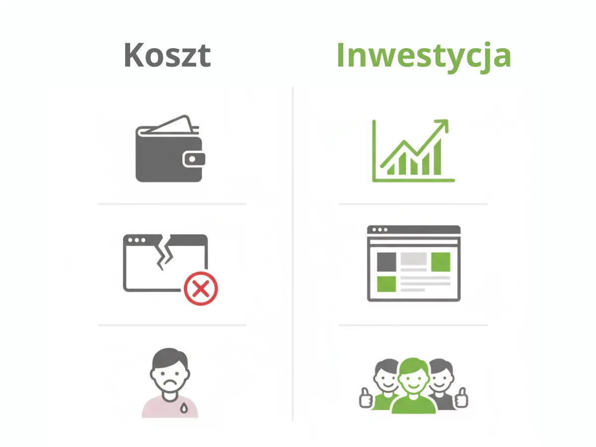 Infografika porównująca koszt i inwestycję w stronę internetową – po lewej koszt: pusty portfel, zepsuta strona i niezadowolony klient; po prawej inwestycja: rosnący wykres, nowoczesna strona i zadowoleni klienci.