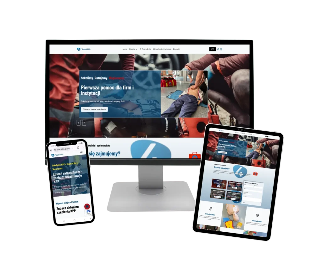 Nowoczesna, responsywna strona internetowa Team4Life na ekranie komputera, tabletu i telefonu – projekt szkoleniowy wykonany przez PROSM.