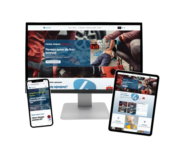 Nowoczesna, responsywna strona internetowa Team4Life na ekranie komputera, tabletu i telefonu – projekt szkoleniowy wykonany przez PROSM.